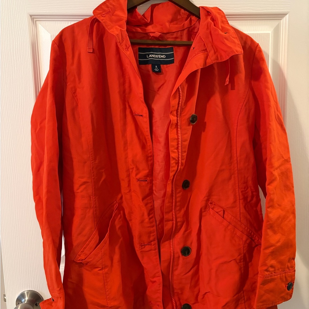 Lands' End Women’s Bright Orange Hooded Raincoat